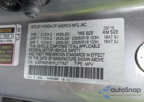 2019 Honda Cr-V Ex-L из США, поврежденный, VIN 5J6RW2H8XKL011627